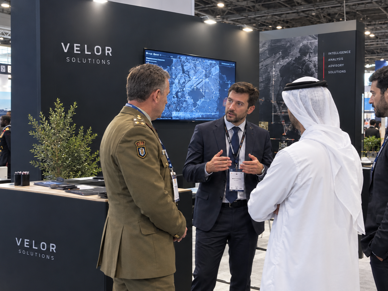 VELOR Solutions representative presenting at an international exhibition